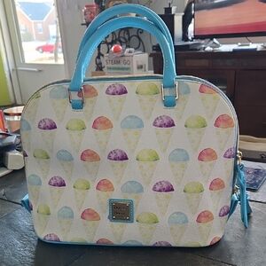 Dooney & Bourke Sno Cone Print Satchel with Turquoise Handles 13x9.5x5